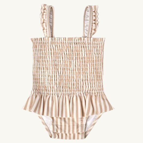 NWT - Quincy Mae skirted latte stripes swimsuit - Picture 1 of 3